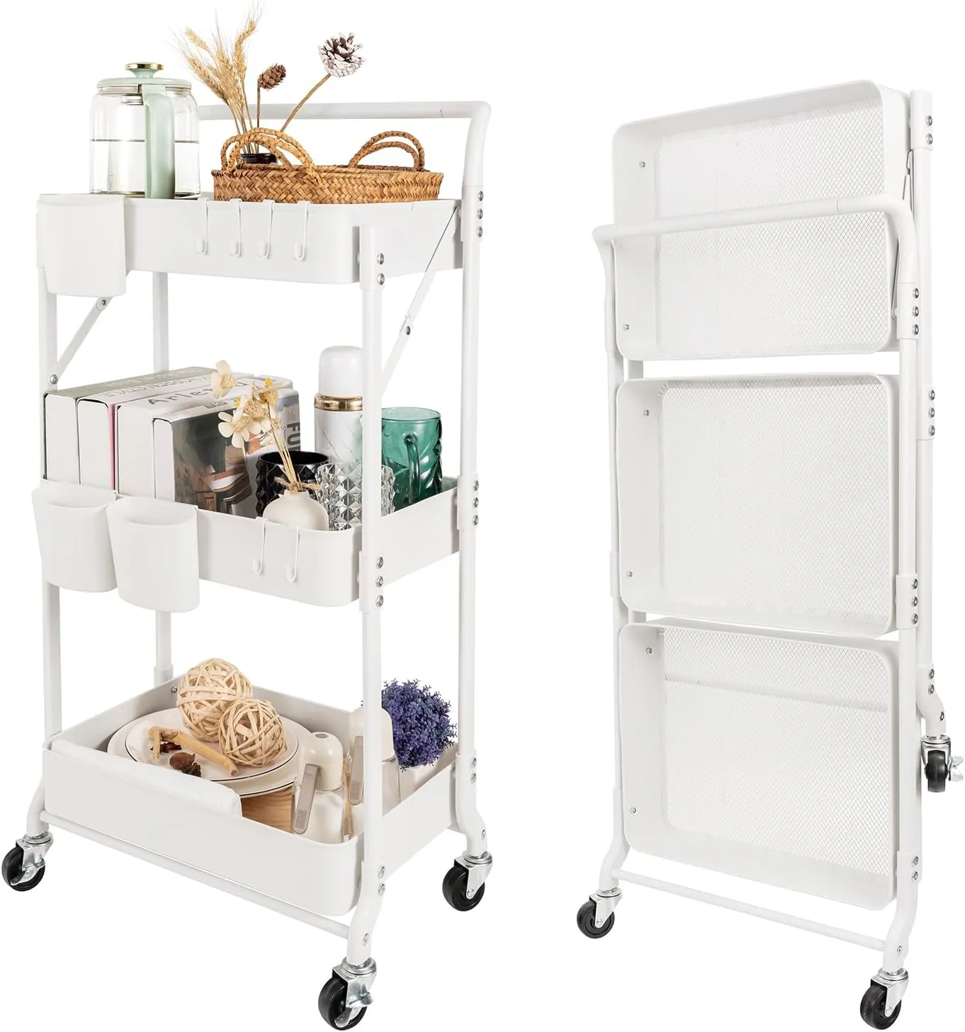 3-Tier Folding Rolling Utility Cart with Wheels, Foldable Storage Cart Organizer with 3 Hanging Cups & 6 Hooks for Kitchen, Office, Living Room, Nursery(White)