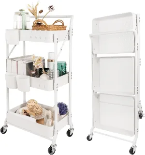 3-Tier Folding Rolling Utility Cart with Wheels, Foldable Storage Cart Organizer with 3 Hanging Cups & 6 Hooks for Kitchen, Office, Living Room, Nursery(White)