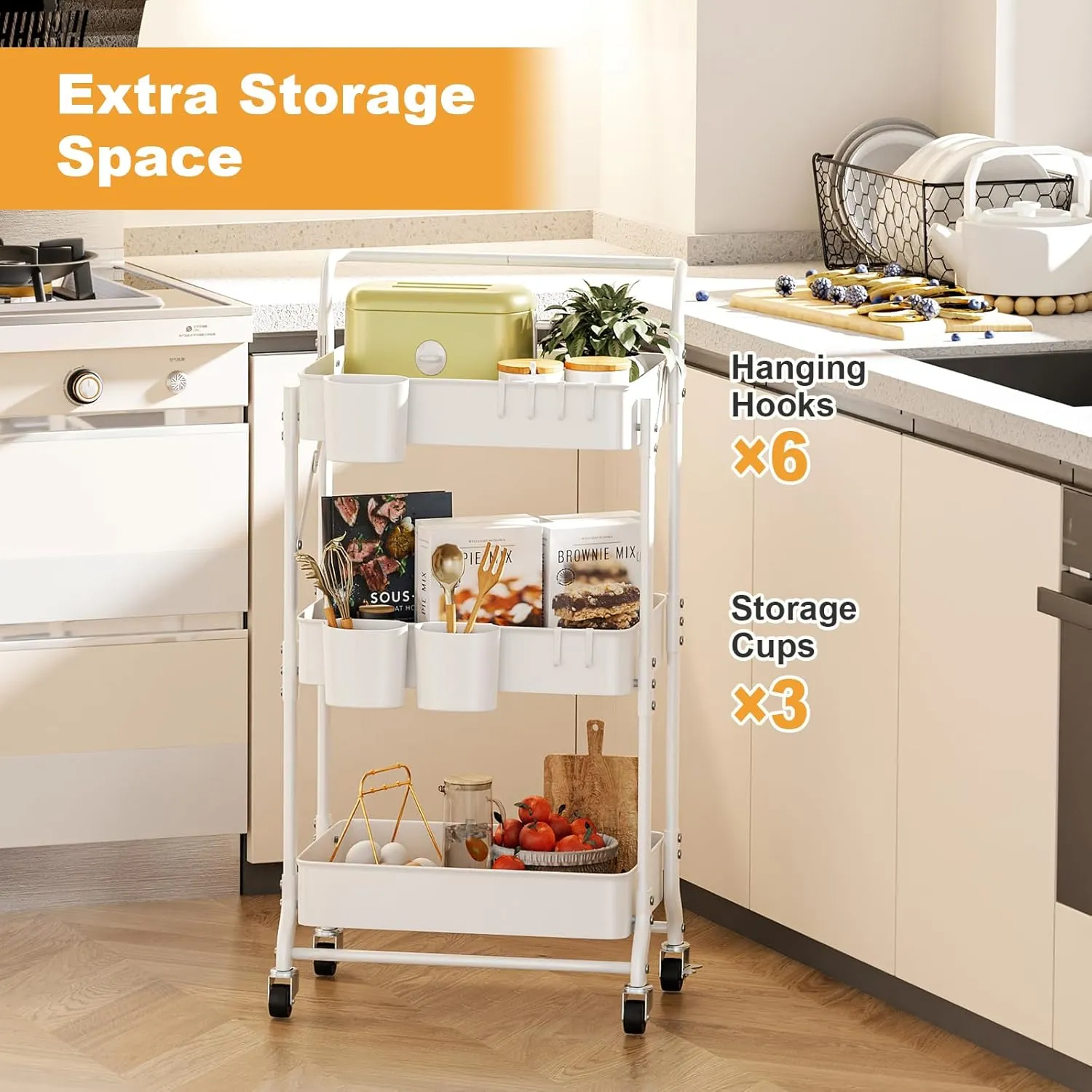 3-Tier Folding Rolling Utility Cart with Wheels, Foldable Storage Cart Organizer with 3 Hanging Cups & 6 Hooks for Kitchen, Office, Living Room, Nursery(White)