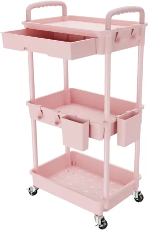 3 Tier Rolling Utility Cart with Drawer,Storage Cart,Rolling Cart for Kitchen,Bathroom,Living Room,Storage Organizer with Iron Wheels（Pink