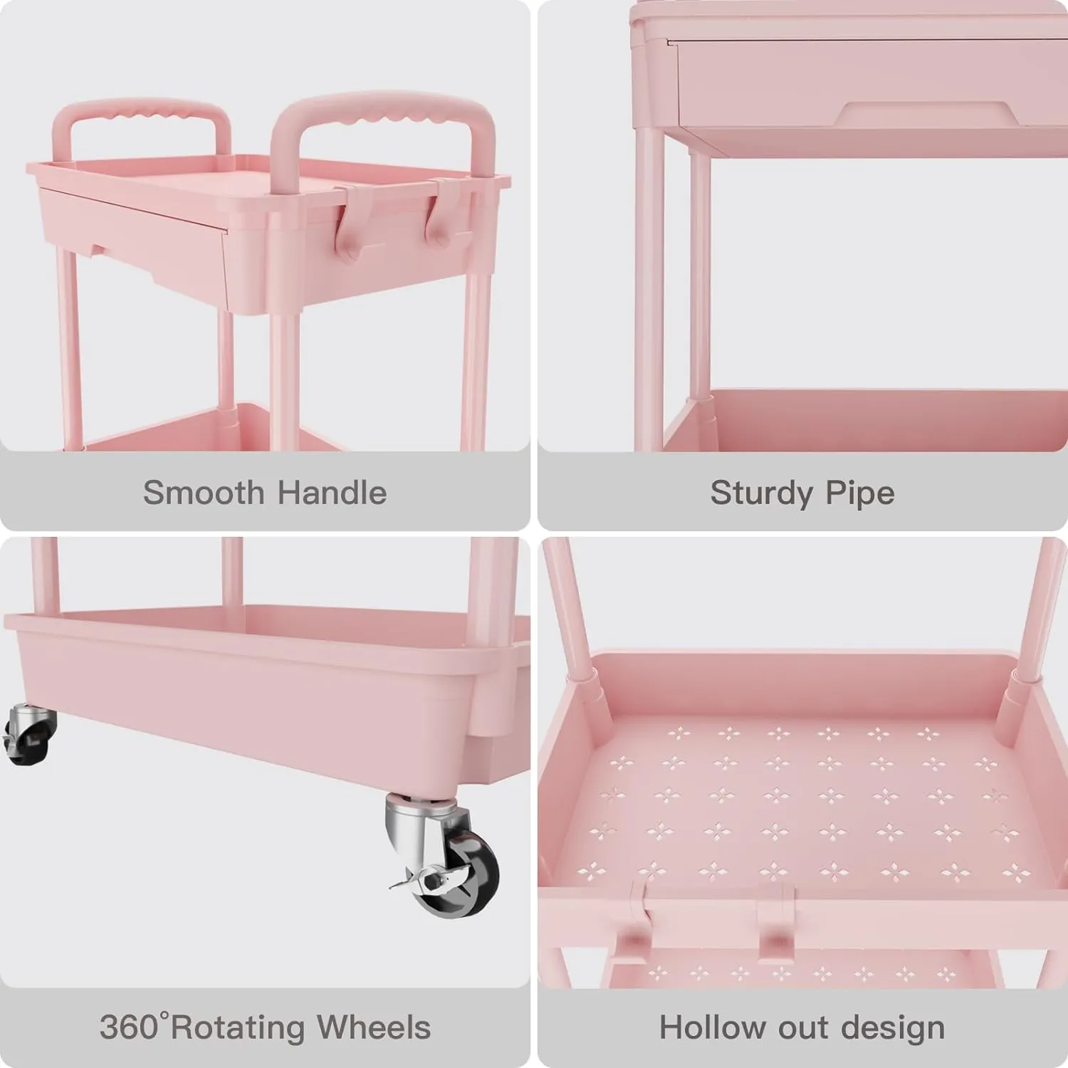 3 Tier Rolling Utility Cart with Drawer,Storage Cart,Rolling Cart for Kitchen,Bathroom,Living Room,Storage Organizer with Iron Wheels（Pink