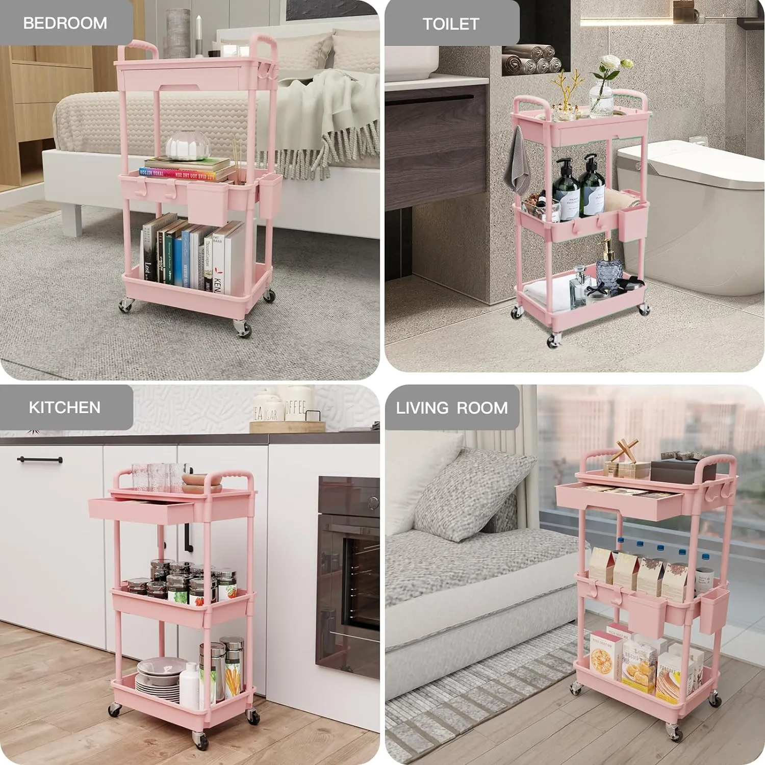 3 Tier Rolling Utility Cart with Drawer,Storage Cart,Rolling Cart for Kitchen,Bathroom,Living Room,Storage Organizer with Iron Wheels（Pink