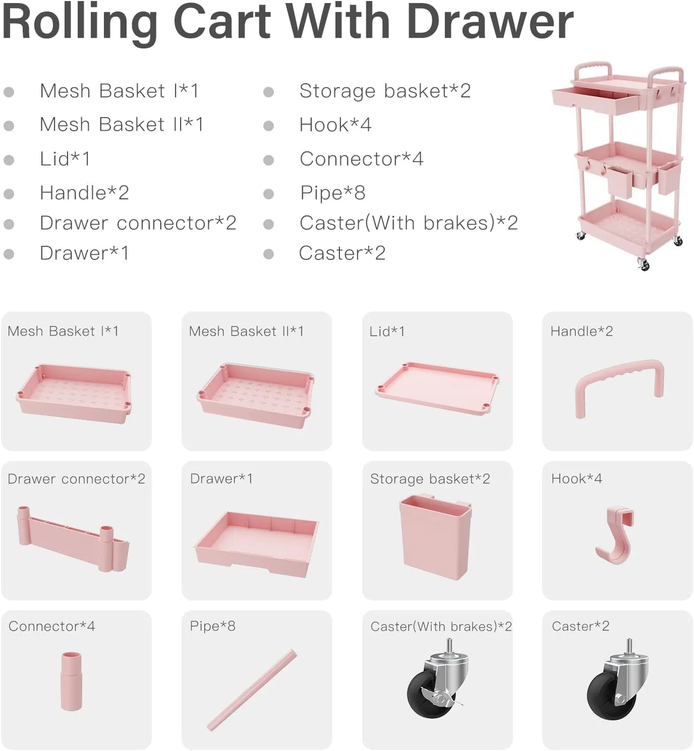 3 Tier Rolling Utility Cart with Drawer,Storage Cart,Rolling Cart for Kitchen,Bathroom,Living Room,Storage Organizer with Iron Wheels（Pink