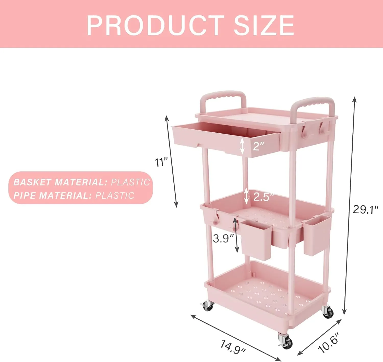 3 Tier Rolling Utility Cart with Drawer,Storage Cart,Rolling Cart for Kitchen,Bathroom,Living Room,Storage Organizer with Iron Wheels（Pink