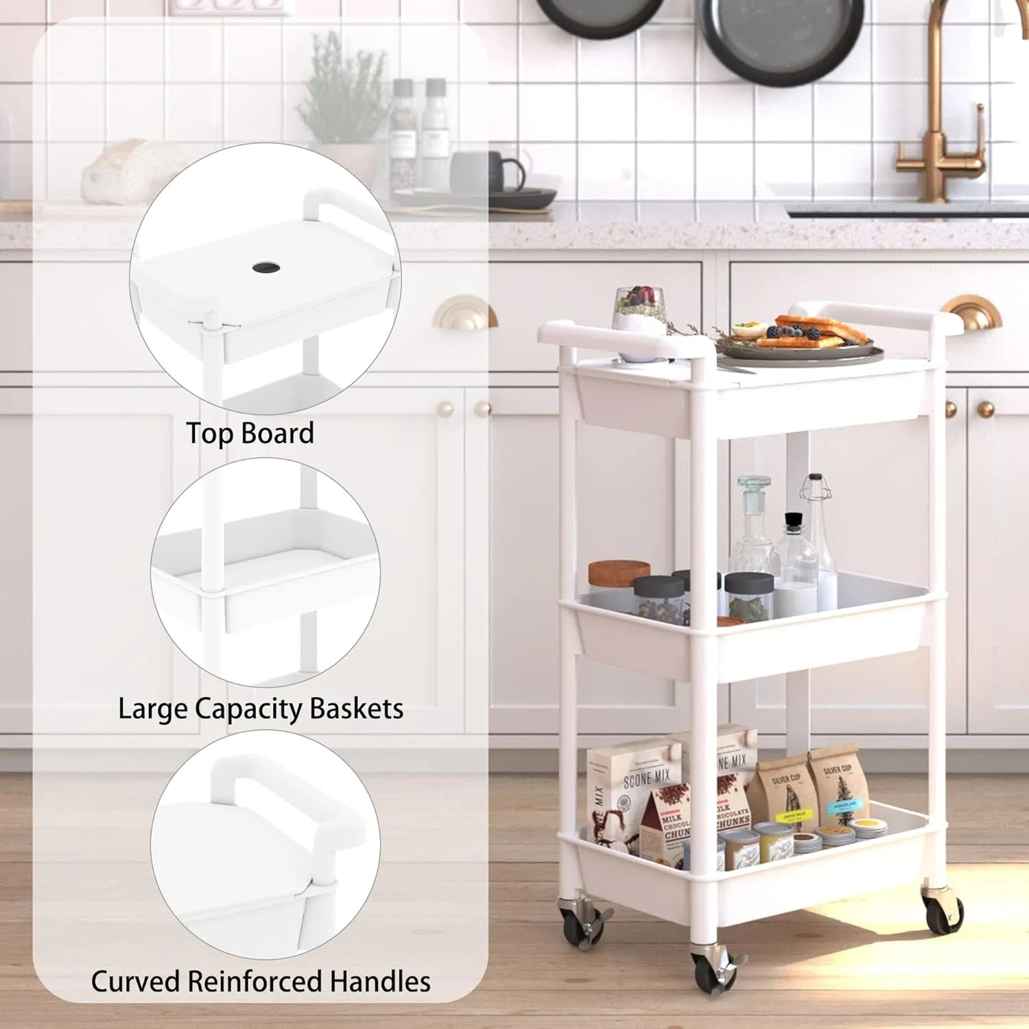 3-Tier Utility Rolling Cart with Cover Top Board, Mobile Utility Cart with Lockable Casters Multi-Functional Storage Trolley for Office, Bathroom, Kitchen, Garden, Laundry Room (White)