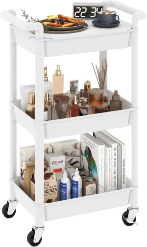 3-Tier Utility Rolling Cart with Cover Top Board, Mobile Utility Cart with Lockable Casters Multi-Functional Storage Trolley for Office, Bathroom, Kitchen, Garden, Laundry Room (White)