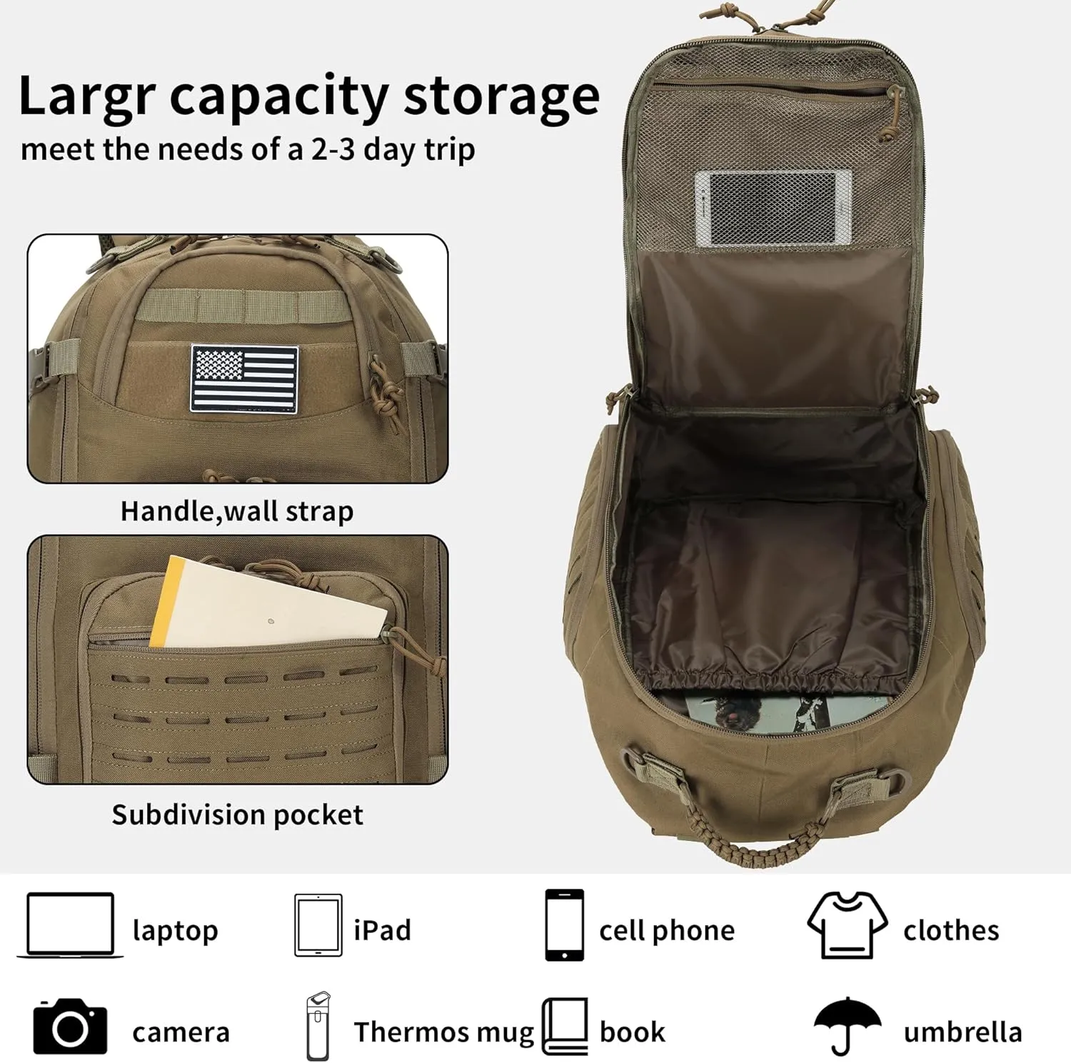 30L Hiking Backpack Lightweight Outdoor Daypack Camping Backpack Outdoor Travel Daypack Day Pack for Man Woman (Khaki)