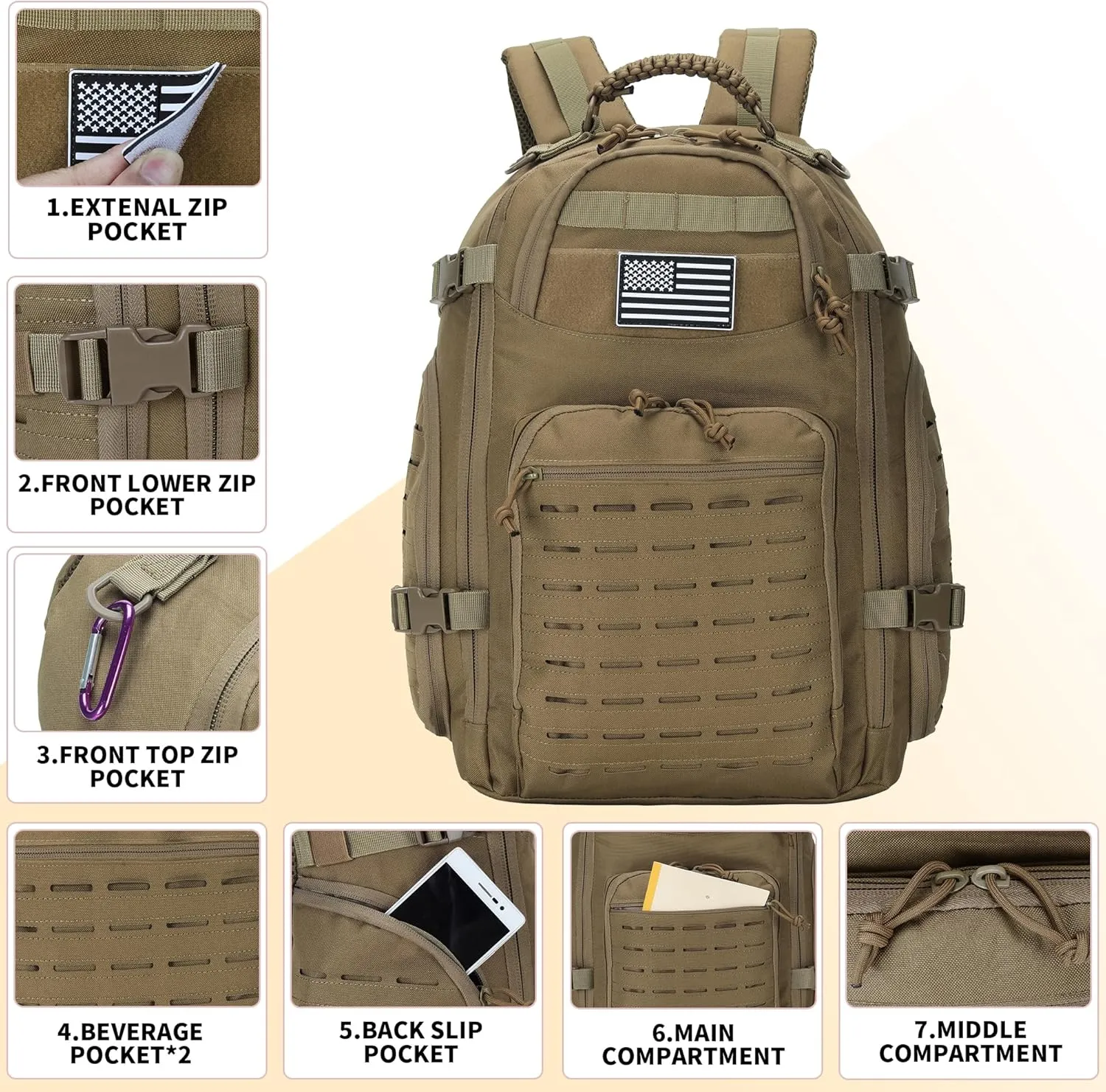 30L Hiking Backpack Lightweight Outdoor Daypack Camping Backpack Outdoor Travel Daypack Day Pack for Man Woman (Khaki)