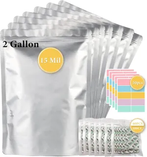 30pcs 2 Gallon Mylar Bags for Food Storage (15 Mil Extra Thick) with Oxygen Absorbers 500CC (60 pcs), Stand-Up Zipper Pouches Resealable and Heat Sealable Bags for Long Term Food Storage(13"x17")