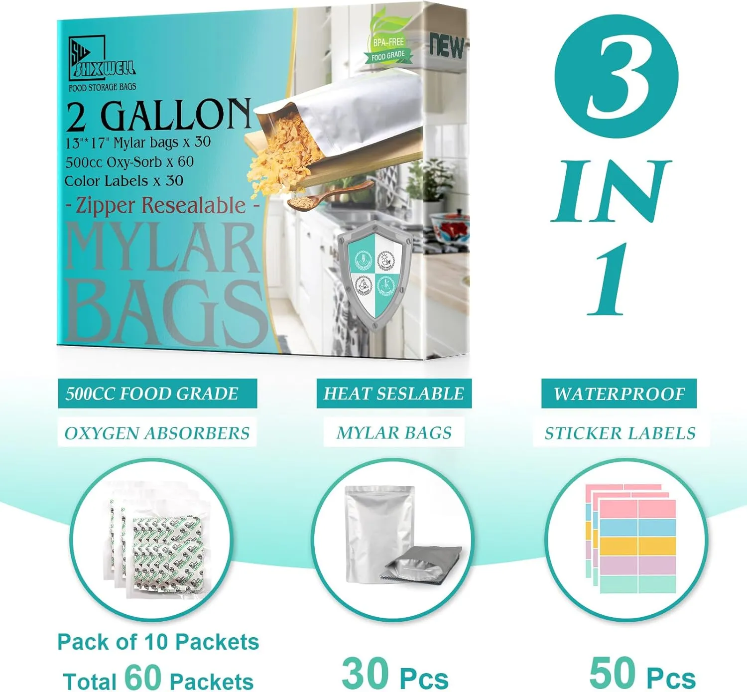 30pcs 2 Gallon Mylar Bags for Food Storage (15 Mil Extra Thick) with Oxygen Absorbers 500CC (60 pcs), Stand-Up Zipper Pouches Resealable and Heat Sealable Bags for Long Term Food Storage(13"x17")