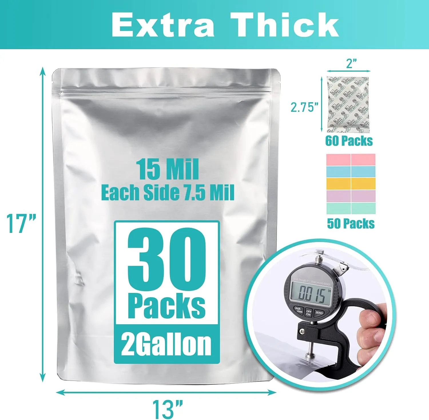 30pcs 2 Gallon Mylar Bags for Food Storage (15 Mil Extra Thick) with Oxygen Absorbers 500CC (60 pcs), Stand-Up Zipper Pouches Resealable and Heat Sealable Bags for Long Term Food Storage(13"x17")