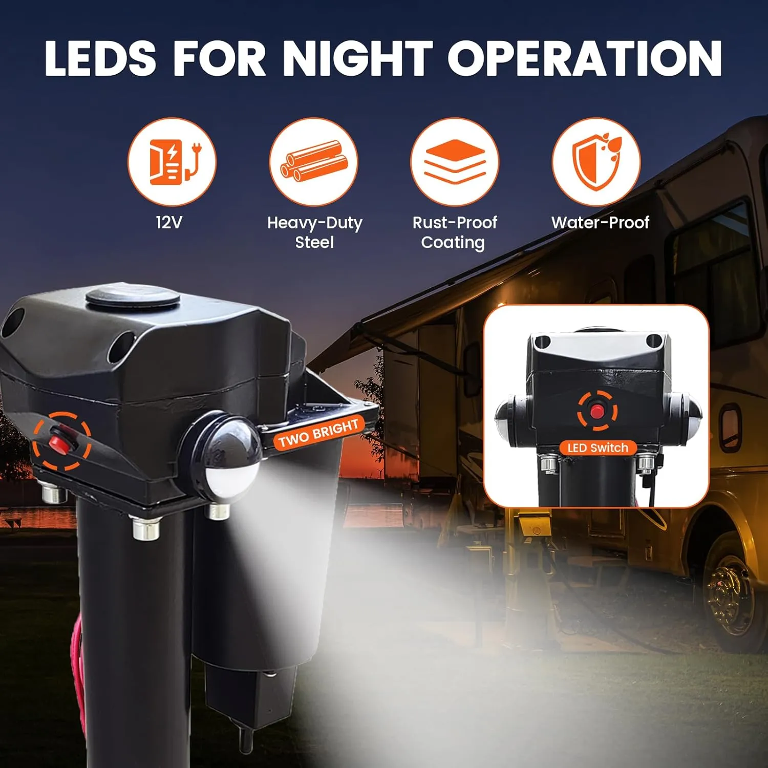 3500lbs Power Tongue Jack A-Frame Electric Trailer Jack with Waterproof Cover for Camper, RV,Travel,Boat,Cargo Trailer,12V DC, 2 LEDs,18" Quick Lift,Black