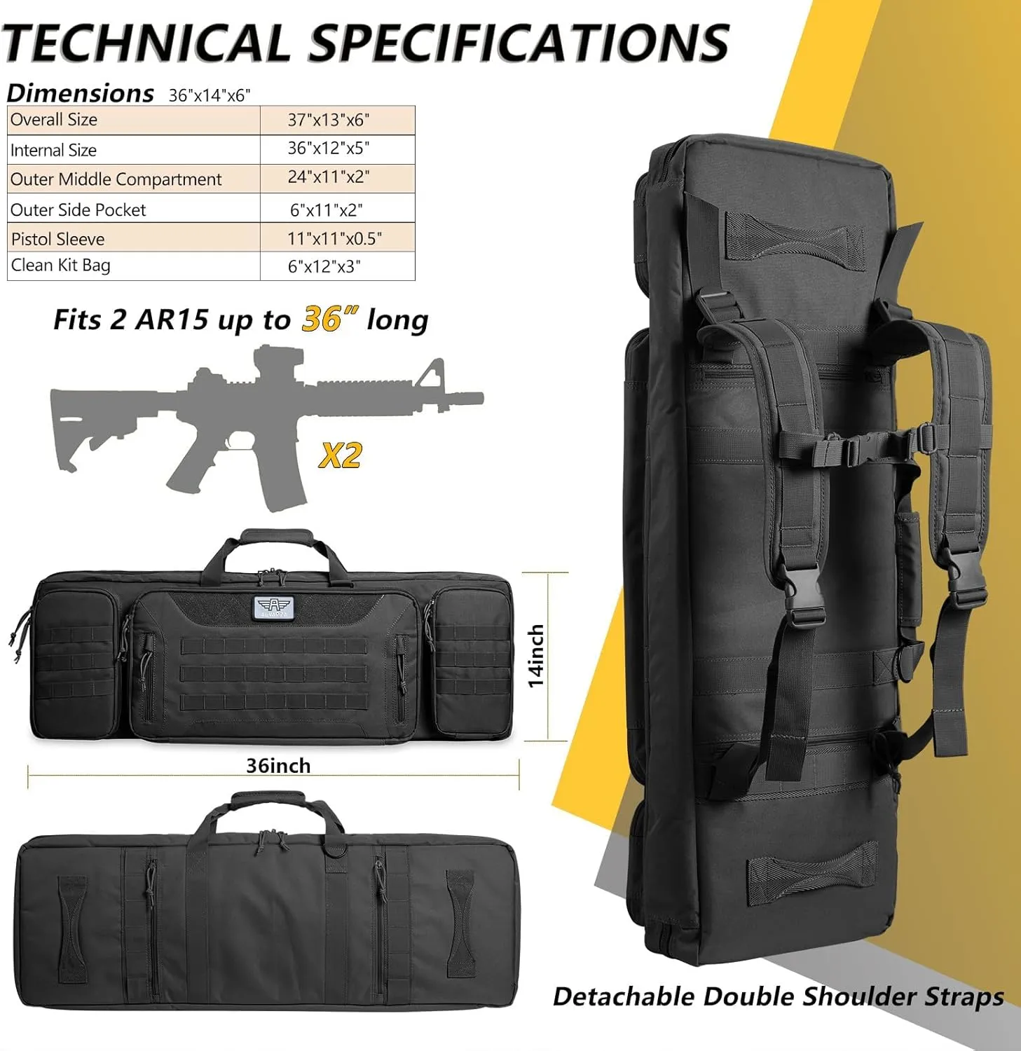 36" 42" 48" Double Long Gun Bag Nylon 1000D Soft Case Backpack Rifle Shotgun Pistol Transportation for Hunting Shooting Range, Firearm Transportation with Lockable Zipper and Molle System