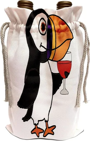 3dRose Bag, 13.5" by 8.5", Funny Cute Puffin Bird Drinking Red Wine Cartoon