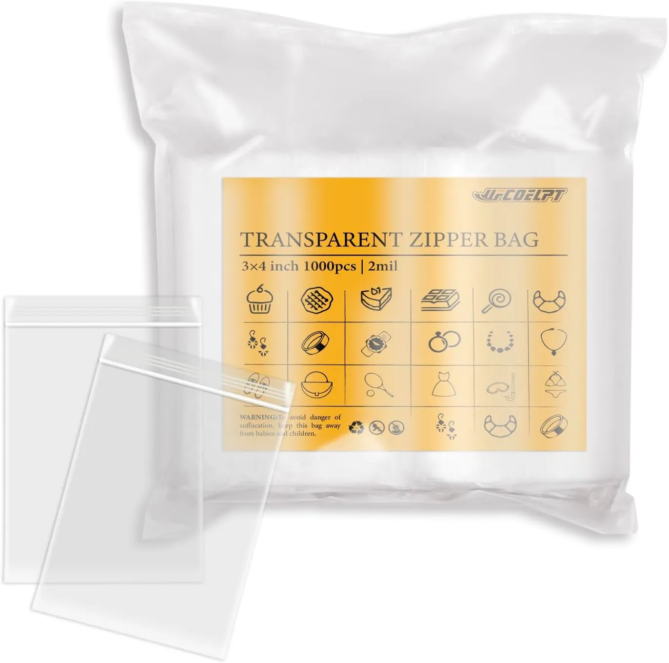 3''x 4'' Pack of 1000 Small Clear Poly Zipper Bags Reclosable Storage Plastic Bags for Jewelry, Gift Card, Halloween Candy