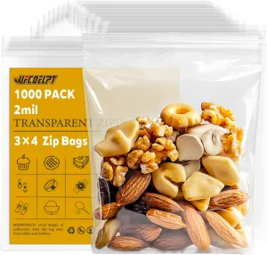 3''x 4'' Pack of 1000 Small Clear Poly Zipper Bags Reclosable Storage Plastic Bags for Jewelry, Gift Card, Halloween Candy