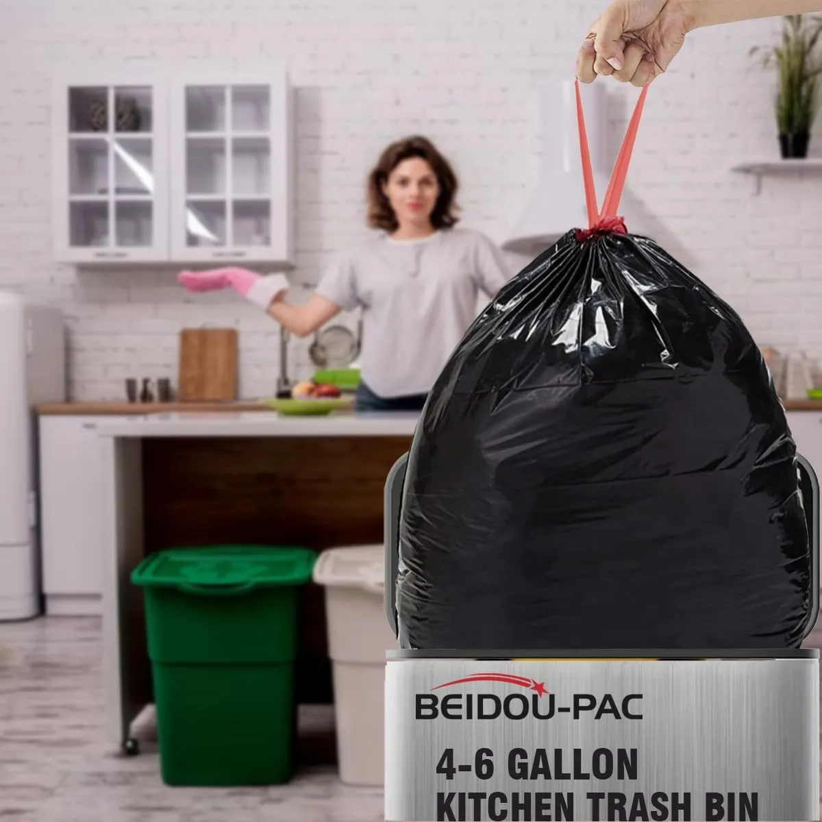4-6 Gallon Trash Bags Drawstring, 150 Count Bulk Value Pack, Black & Unscented Multi-purpose Garbage Bags for Business Home Bathroom Kitchen Commercial and Industrial