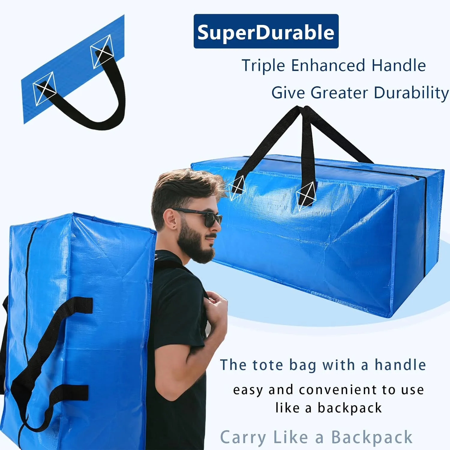 4 Pack Heavy Duty Extra Large Moving Bags Storage Tote - Strong Handles& Backpack Straps - Space Saving Storage Bags Alternative to Moving Boxes and Bins,Compatible with Ikea Frakta Cart, Blue