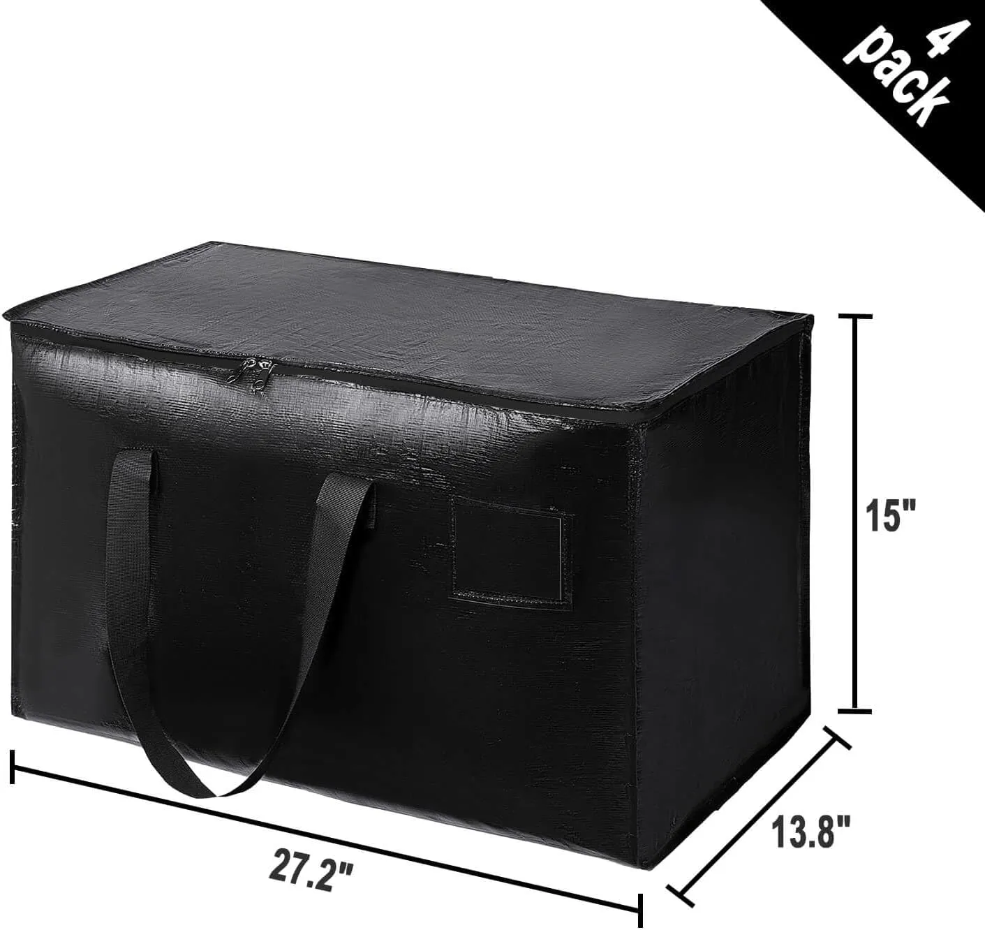 4 Pack Large Moving Bags with Zippers & Carrying Handles, Heavy Duty Storage Tote Moving Boxes ，Space Saving(Black, 4 Pack)