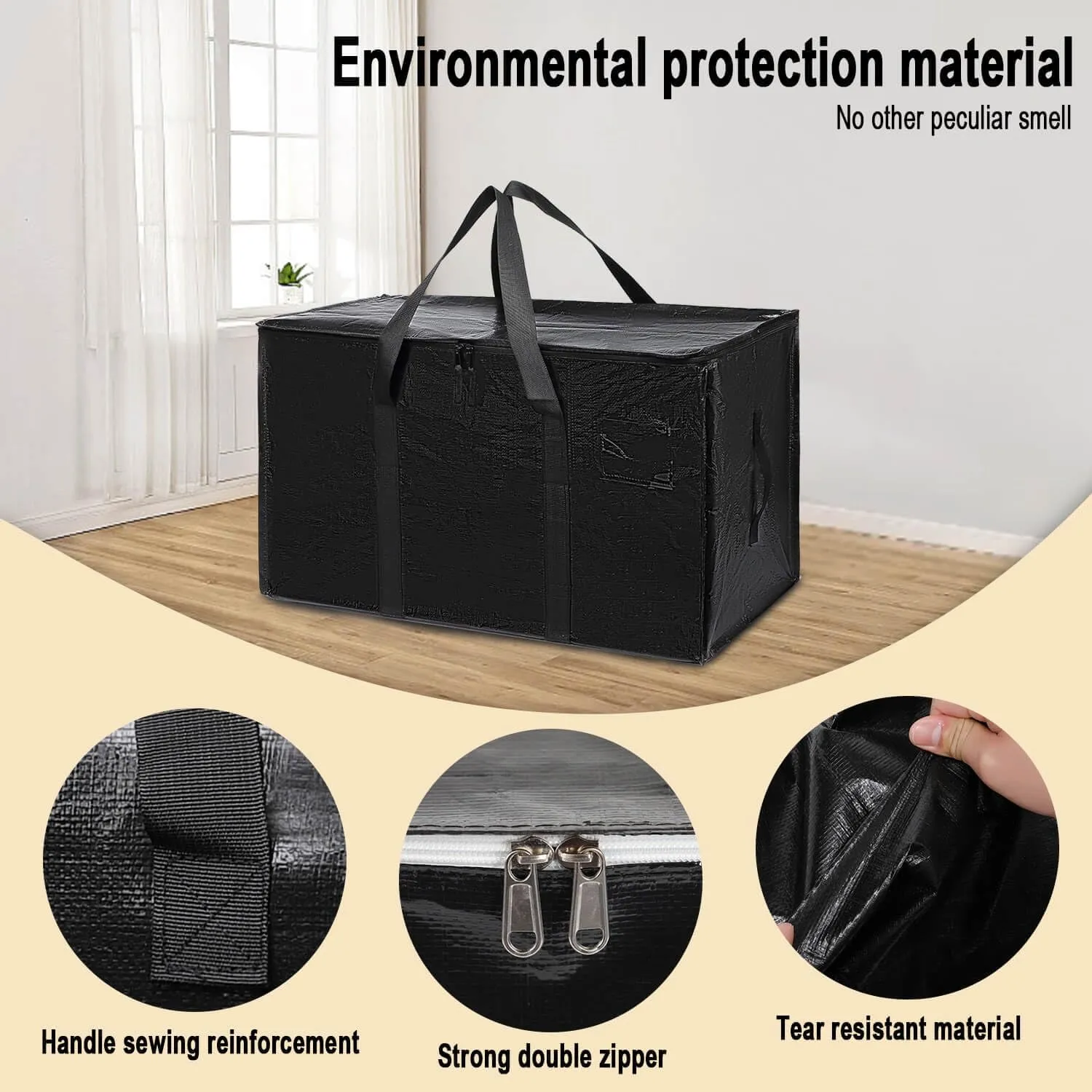 4 Pack Large Moving Bags with Zippers & Carrying Handles, Heavy Duty Storage Tote Moving Boxes ，Space Saving(Black, 4 Pack)