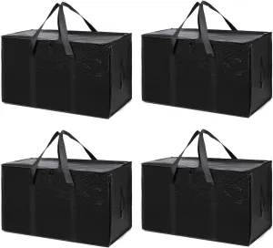 4 Pack Large Moving Bags with Zippers & Carrying Handles, Heavy Duty Storage Tote Moving Boxes ，Space Saving(Black, 4 Pack)