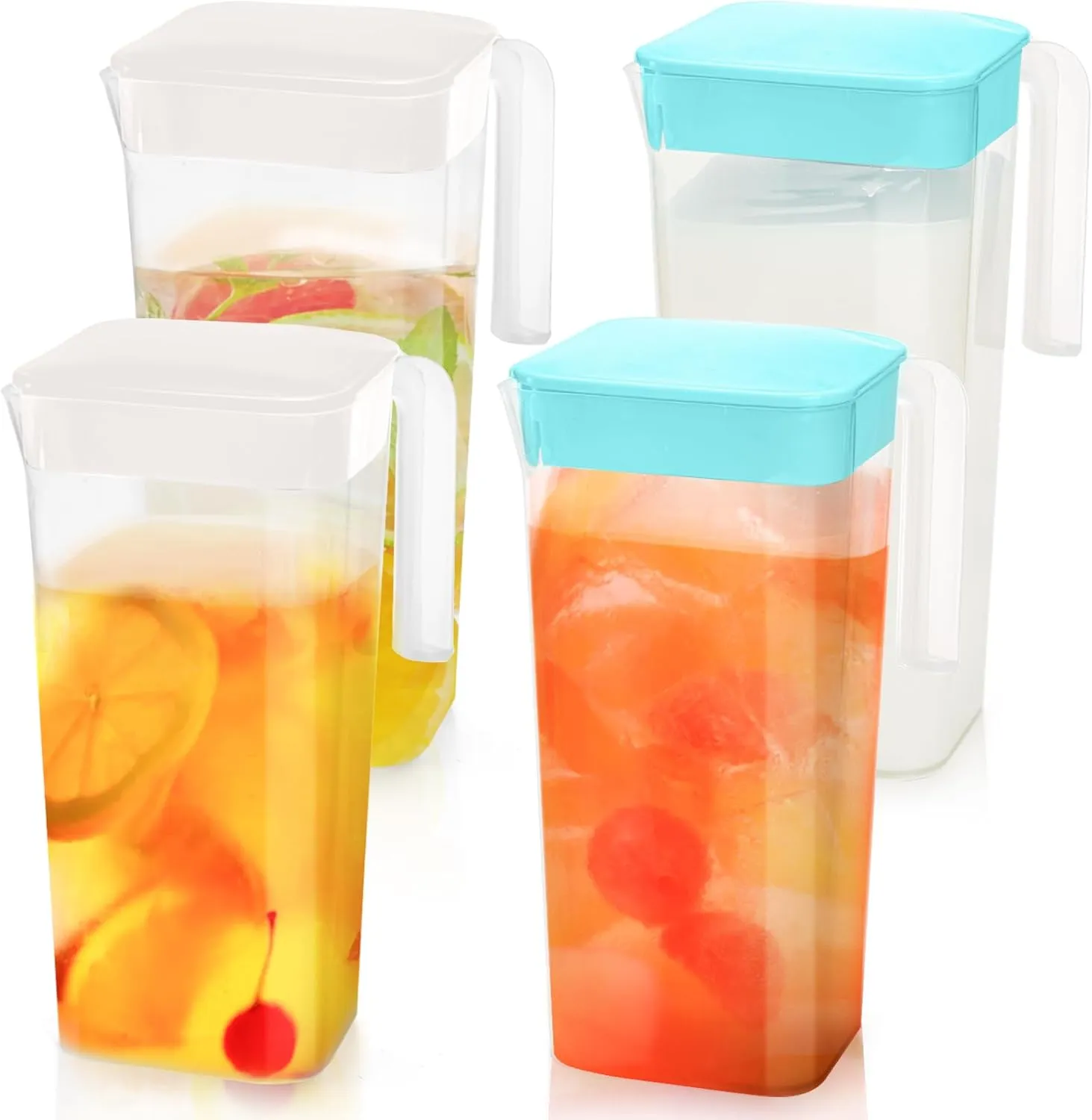4 Pack Plastic Pitcher with Lid, 61 OZ / 1.8 L Fridge Door Water Jug with Handle, Clear Square Mix Drinks Juice Container, Unbreakable Drinking Jug for Tea, Iced and Hot Drinks, BPA Free
