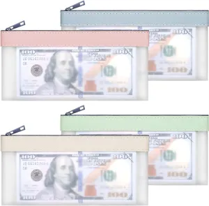 4-Piece Multi-Purpose Money Pouch Set - Clear Zipper Cash Envelopes, 7.6 x 3.7 Inch, Bank Deposit Bags, Coin & Check Wallet with 4 Colors