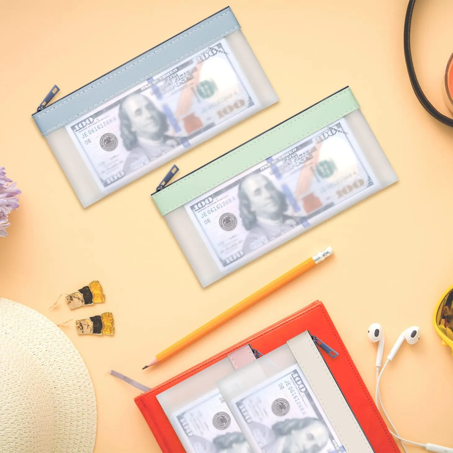 4-Piece Multi-Purpose Money Pouch Set - Clear Zipper Cash Envelopes, 7.6 x 3.7 Inch, Bank Deposit Bags, Coin & Check Wallet with 4 Colors