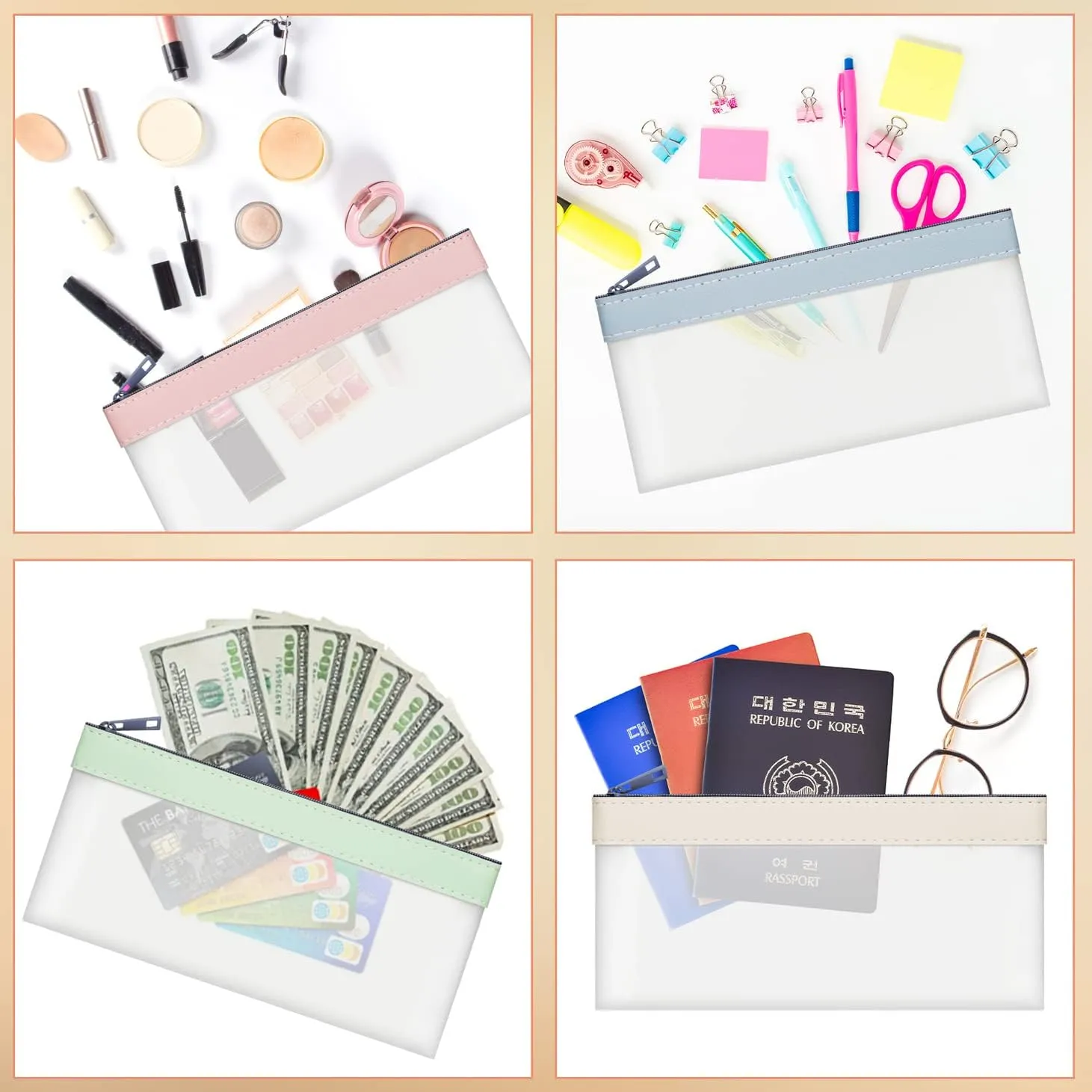 4-Piece Multi-Purpose Money Pouch Set - Clear Zipper Cash Envelopes, 7.6 x 3.7 Inch, Bank Deposit Bags, Coin & Check Wallet with 4 Colors