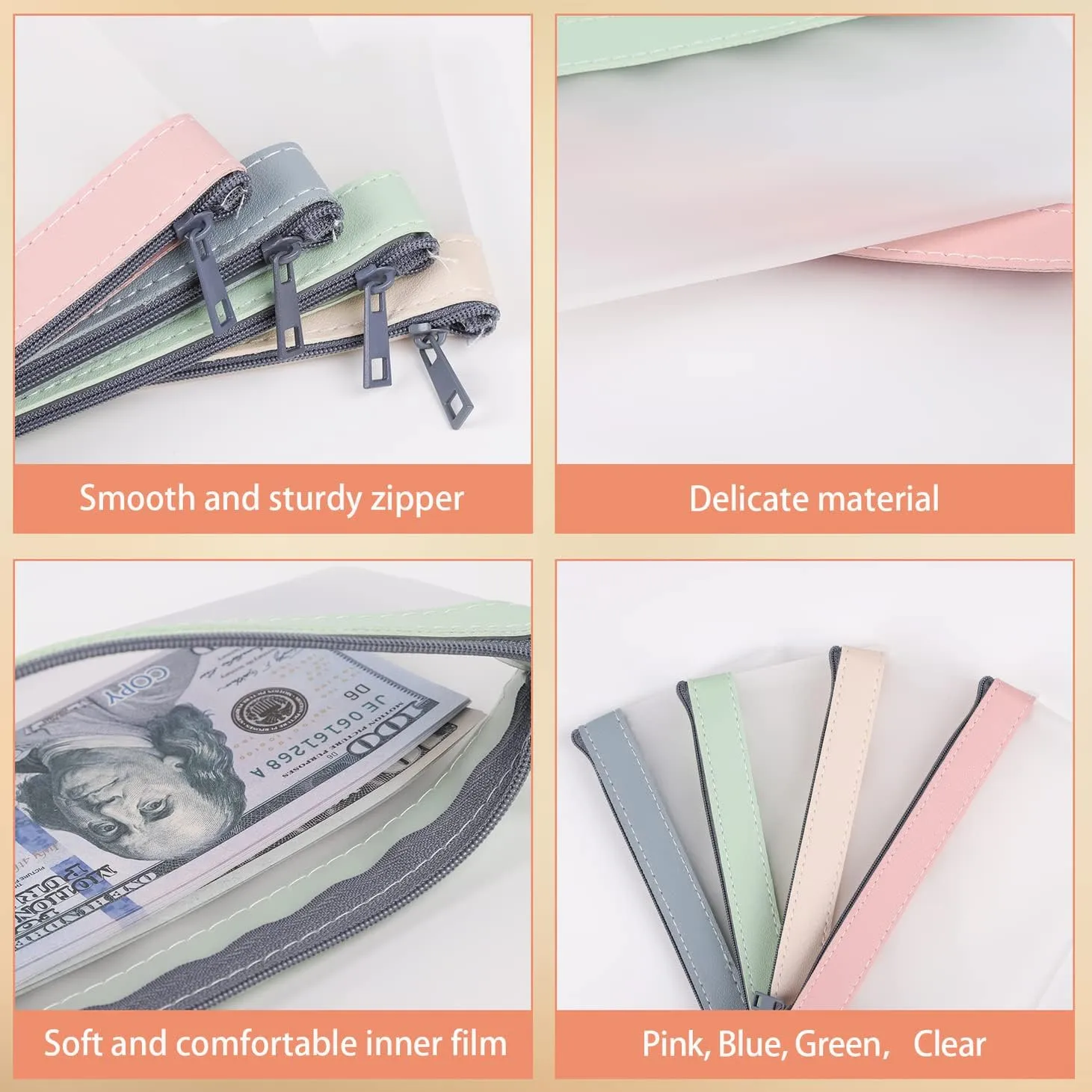 4-Piece Multi-Purpose Money Pouch Set - Clear Zipper Cash Envelopes, 7.6 x 3.7 Inch, Bank Deposit Bags, Coin & Check Wallet with 4 Colors