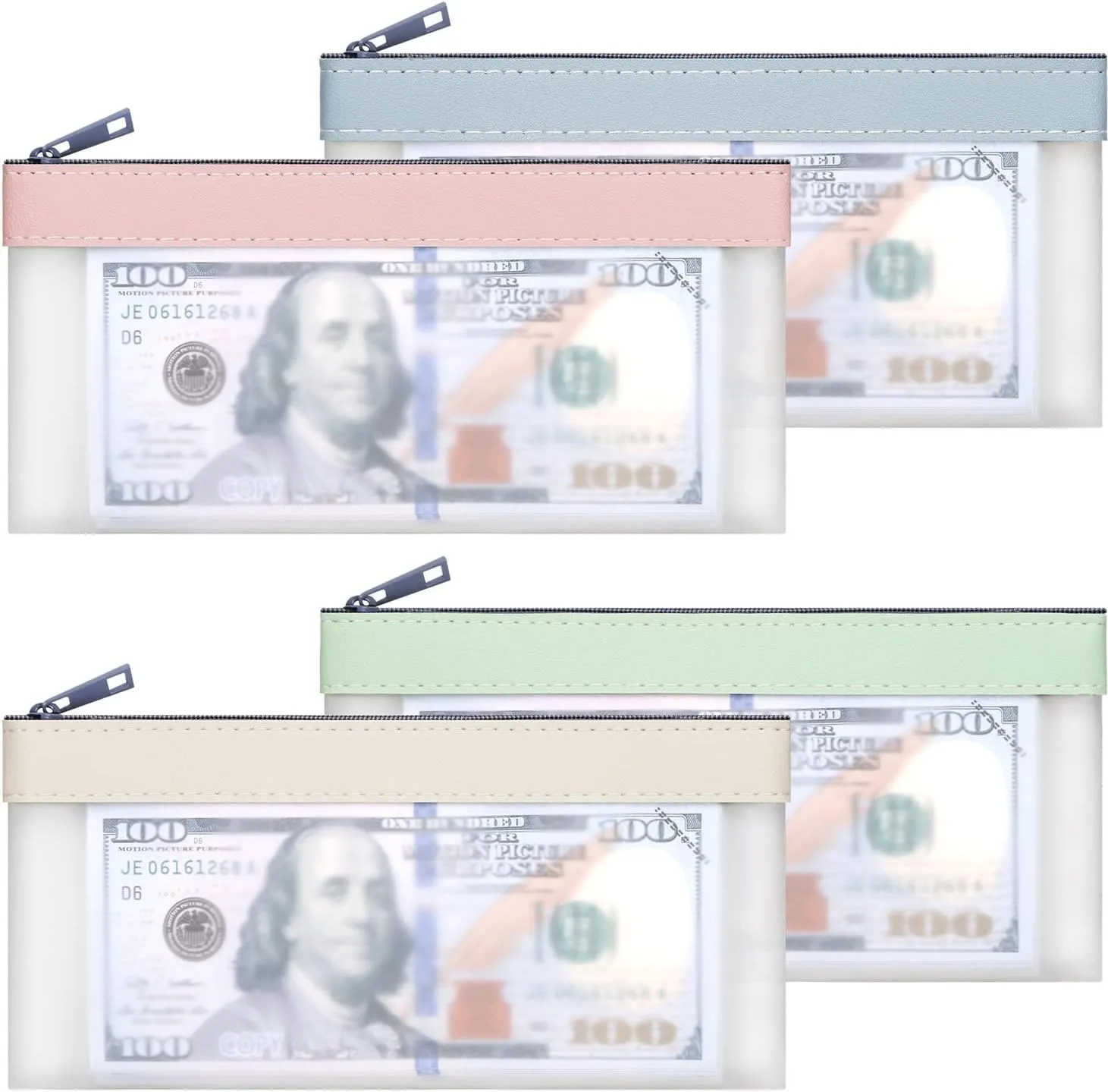 4-Piece Multi-Purpose Money Pouch Set - Clear Zipper Cash Envelopes, 7.6 x 3.7 Inch, Bank Deposit Bags, Coin & Check Wallet with 4 Colors