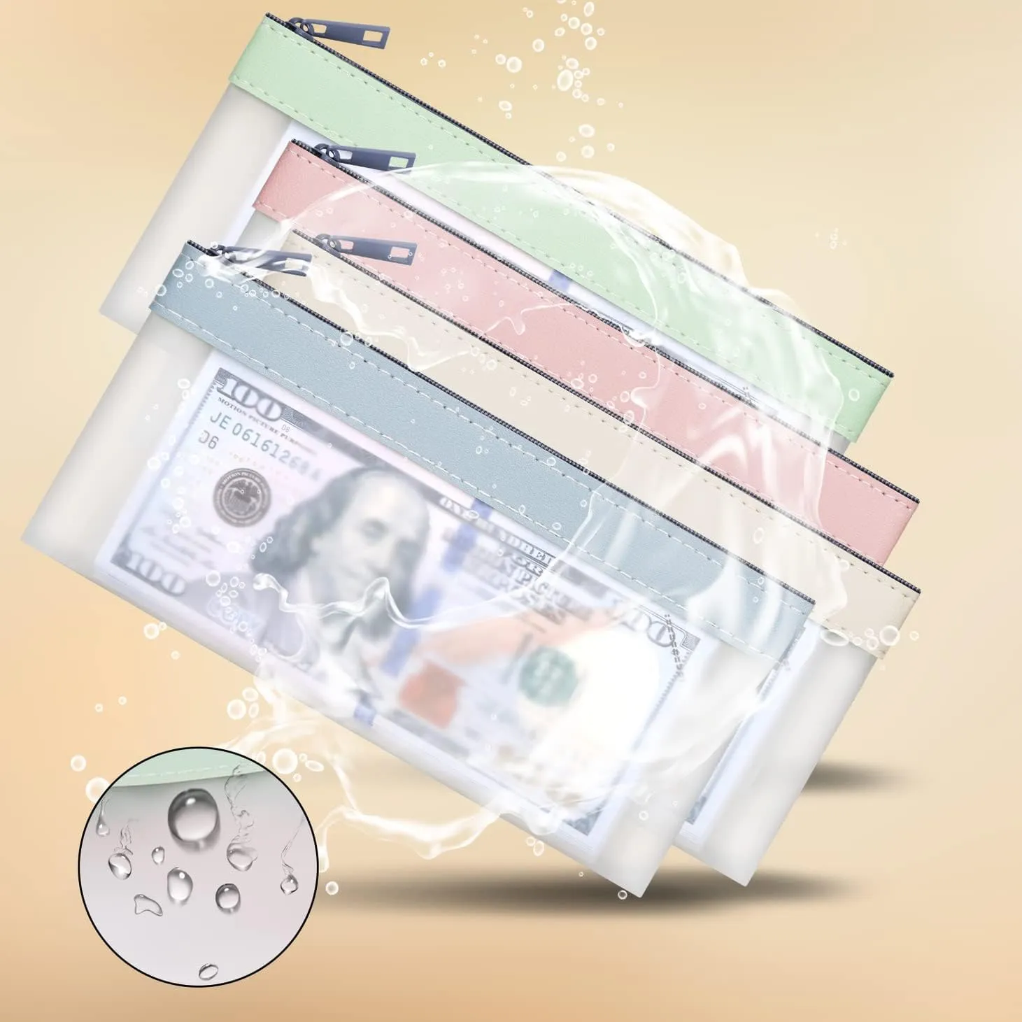 4-Piece Multi-Purpose Money Pouch Set - Clear Zipper Cash Envelopes, 7.6 x 3.7 Inch, Bank Deposit Bags, Coin & Check Wallet with 4 Colors