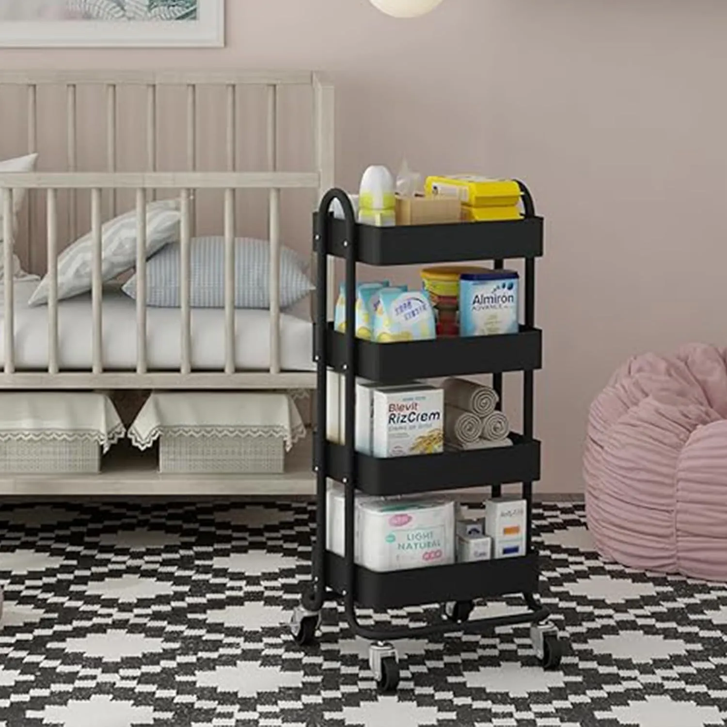 4-Tier Black Rolling Cart,Metal Rolling Utility Cart with Handle,Multifunction Rolling Carts with Wheels,Kitchen Storage Carts Suitable for Office,Home,Kitchen,Garden（13.4"x18.1"x40"） Black