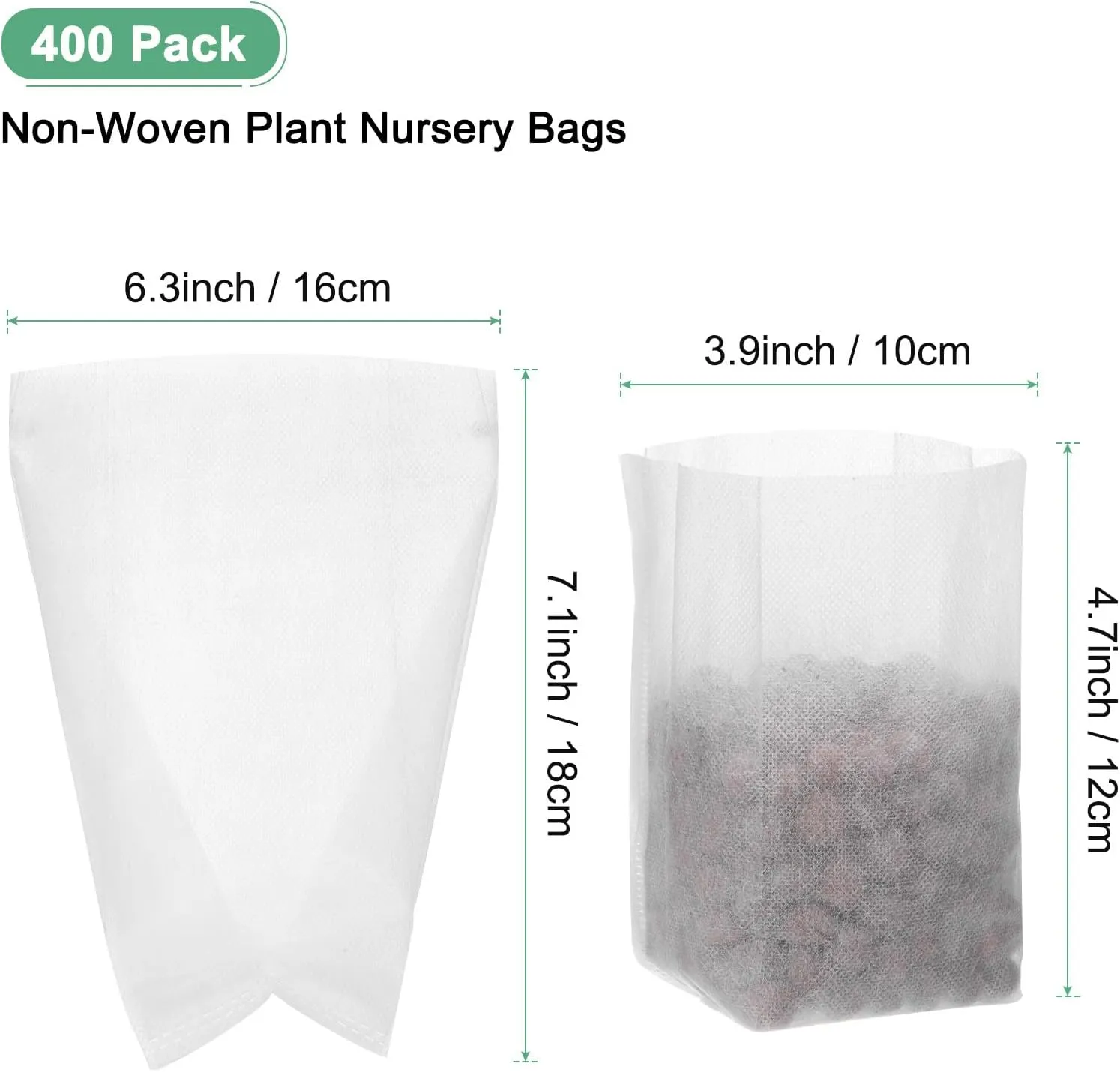 400-Pack Nursery Growing Bags, 7.1" x 6.3" Non-Woven Plant Nursery Bags, Fabric Seeding Pots Pouch for Seed Starting/Soil Transplant/Home Garden Supply [White]