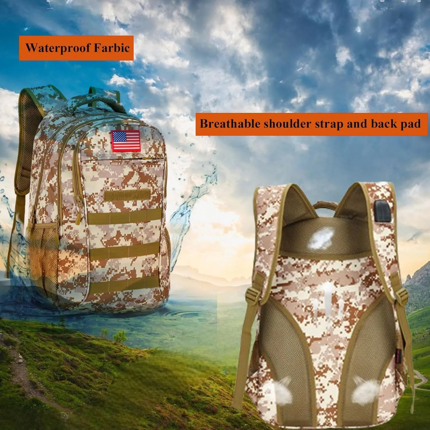 40L Tactical Backpack Molle Backpack,Military Camo Backpack Gym Daypack W/USB Port For Trekking Camping Hunting