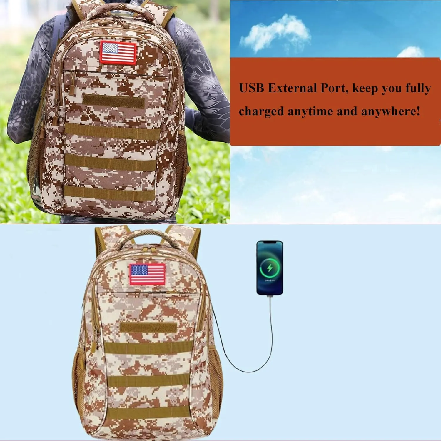 40L Tactical Backpack Molle Backpack,Military Camo Backpack Gym Daypack W/USB Port For Trekking Camping Hunting