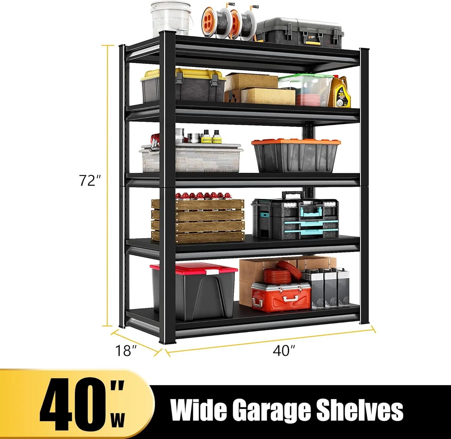 40" W Garage Shelving Heavy Duty, 2250LBS Loads Garage Storage Shelves Heavy Duty, 5-Tier Metal Shelving Units and Storage Racks, Industrial Utility Shelf,40" Wx18 Dx72 H, Black