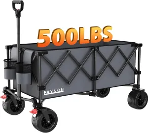 42" L Collapsible Foldable Wagon, 500LB Weight Capacity with 220L Heavy Duty Folding Cart,Utility Wagon with Big All-Terrain Beach Wheel, Drink Holders& 2 Bungee Cords,Gray