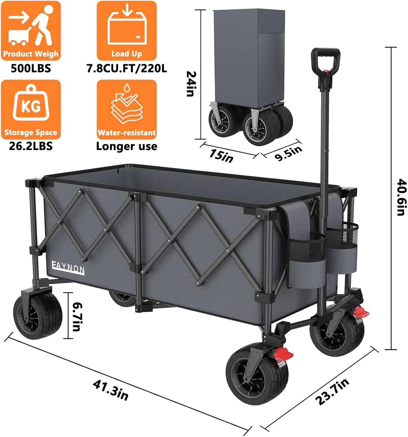 42" L Collapsible Foldable Wagon, 500LB Weight Capacity with 220L Heavy Duty Folding Cart,Utility Wagon with Big All-Terrain Beach Wheel, Drink Holders& 2 Bungee Cords,Gray