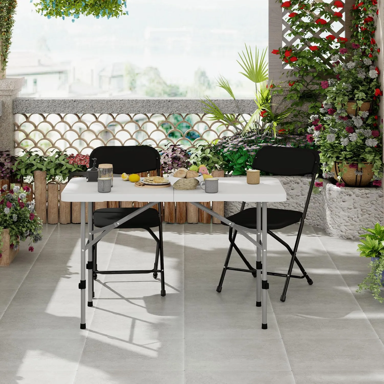 48 Inch Folding Table with Carry Handle, Portable Heavy Duty Plastic Utility Table with Steel Legs for Party, Wedding, Camping, Indoor, Outdoor Event, White