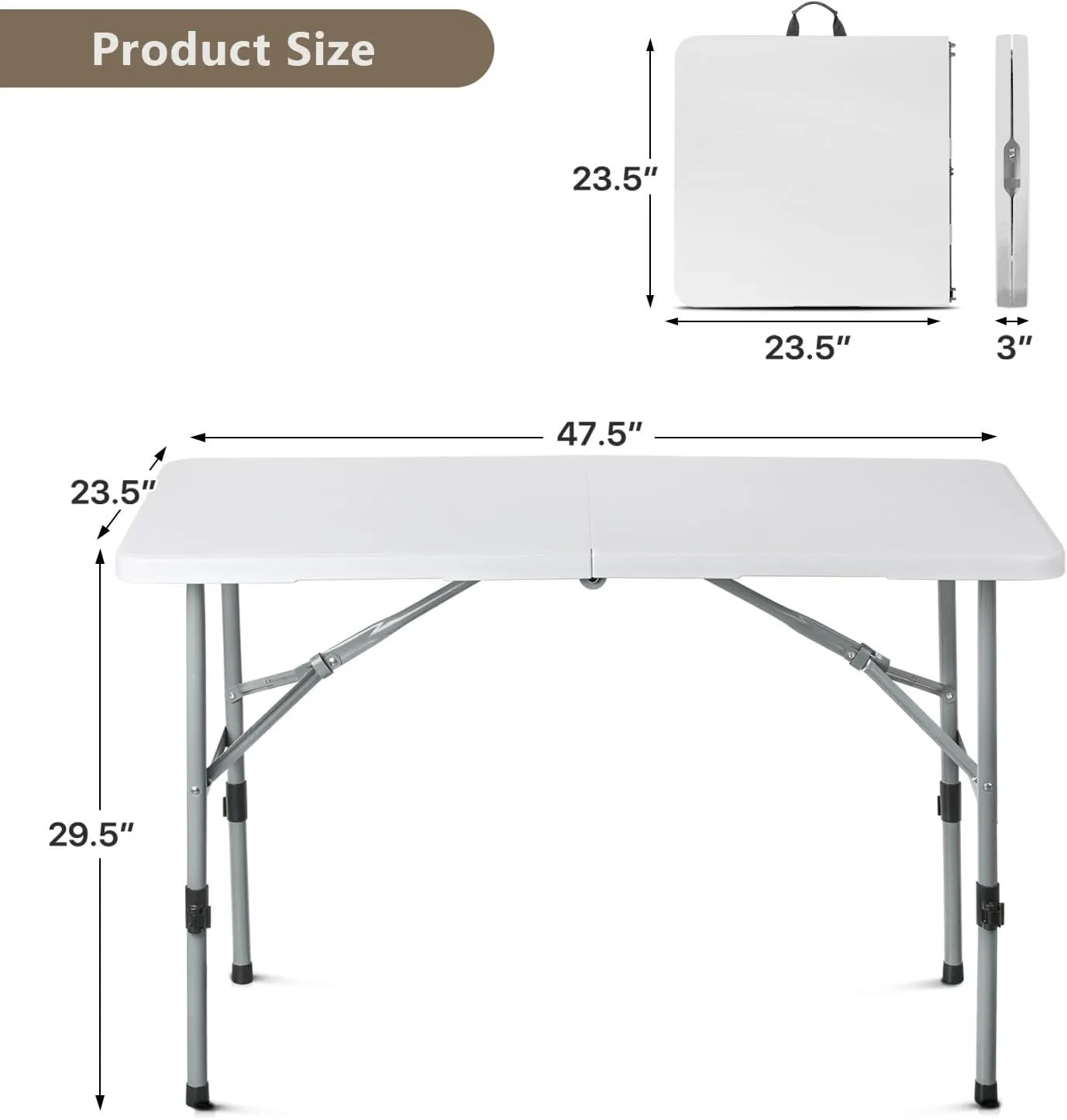 48 Inch Folding Table with Carry Handle, Portable Heavy Duty Plastic Utility Table with Steel Legs for Party, Wedding, Camping, Indoor, Outdoor Event, White