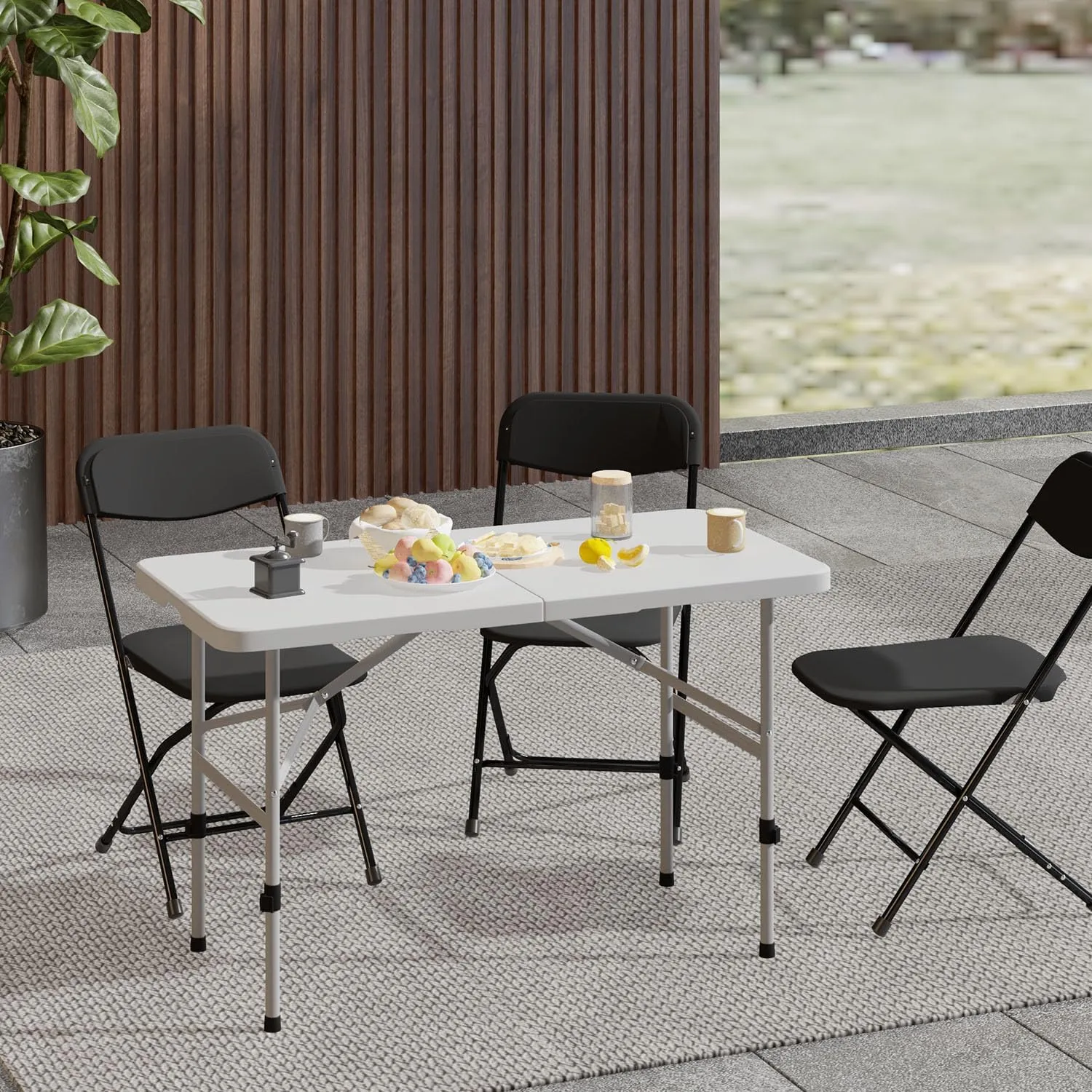 48 Inch Folding Table with Carry Handle, Portable Heavy Duty Plastic Utility Table with Steel Legs for Party, Wedding, Camping, Indoor, Outdoor Event, White