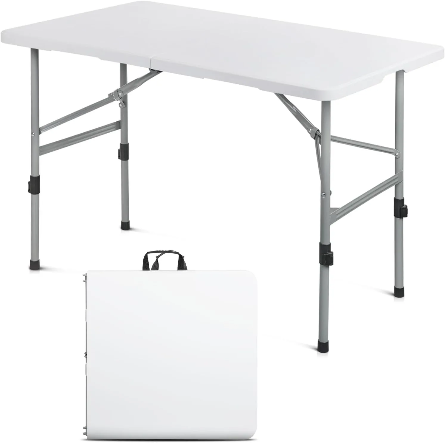 48 Inch Folding Table with Carry Handle, Portable Heavy Duty Plastic Utility Table with Steel Legs for Party, Wedding, Camping, Indoor, Outdoor Event, White