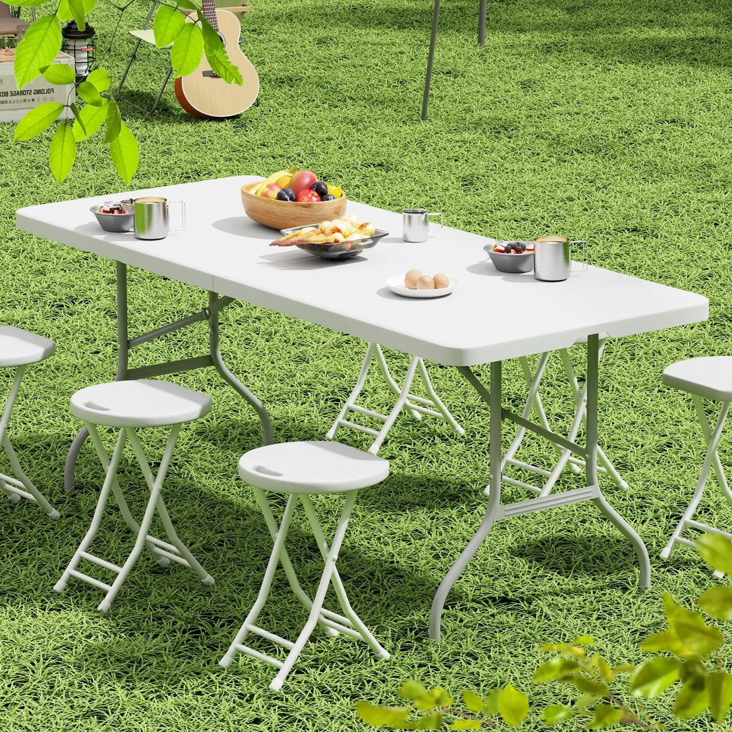 48 Inch Folding Table with Carry Handle, Portable Heavy Duty Plastic Utility Table with Steel Legs for Party, Wedding, Camping, Indoor, Outdoor Event, White