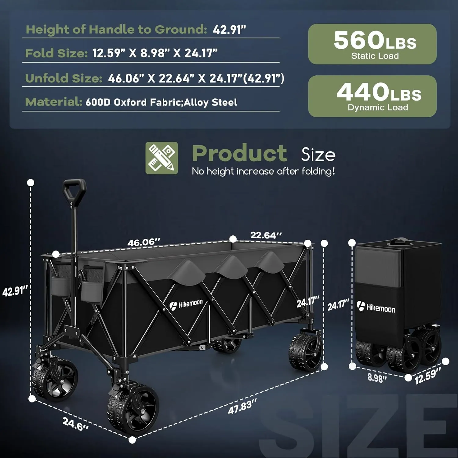48"L Collapsible Wagon Cart Foldable, 560LB Weight Capacity 300L Heavy Duty Folding Beach Wagon with All-Terrain Big Wheel, Utility Wagon for Grocery, Shopping, Sports, Camping, Grey & Black