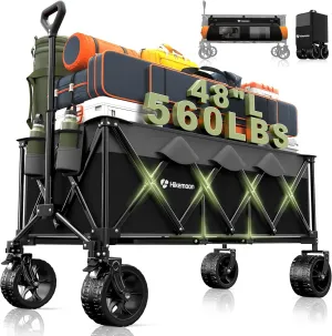 48"L Collapsible Wagon Cart Foldable, 560LB Weight Capacity 300L Heavy Duty Folding Beach Wagon with All-Terrain Big Wheel, Utility Wagon for Grocery, Shopping, Sports, Camping, Grey & Black