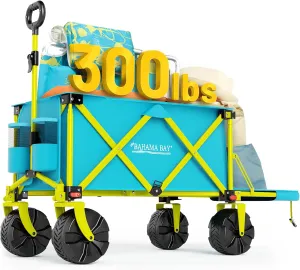 49 Inch Extra Long Beach Wagon with Big Wheels for Sand, Collapsible Utility Beach Cart Heavy Duty Folding Wagon,Ideal for Outdoor Sand Camping Garden Pet