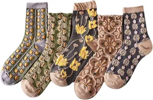 5 Pack Cute Womens Floral Socks, Vintage Embroidered Frilly Floral Ankle Cotton Cottagecore Socks