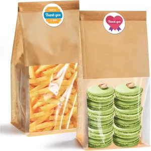 50 Pack Kraft Paper Bread Bags with Clear Window, 11" x 5.1" x 3.9" Bakery Bags Tin Tie Tab Lock Treat Bag Kraft Bread Pouches for Packaging Breads, Cookies, Treat, Pastry(Brown)
