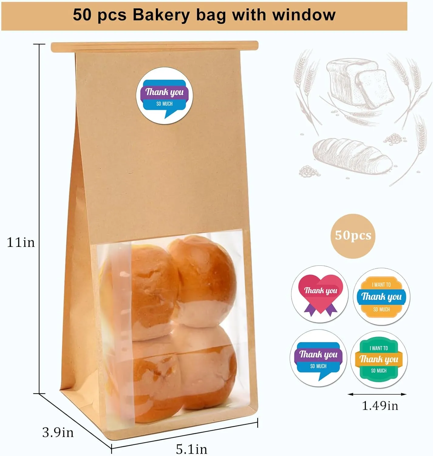 50 Pack Kraft Paper Bread Bags with Clear Window, 11" x 5.1" x 3.9" Bakery Bags Tin Tie Tab Lock Treat Bag Kraft Bread Pouches for Packaging Breads, Cookies, Treat, Pastry(Brown)